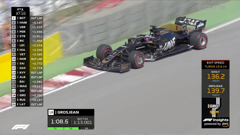 Romain Grosjean during first practice for the Canadian Grand Prix, with the stag logos missing from the car.